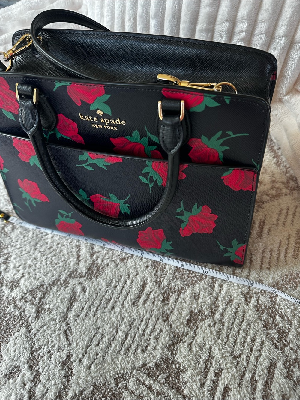 Kate Spade New York satchel stunning black leather bold red rose print EUC - Picture 14 of 17